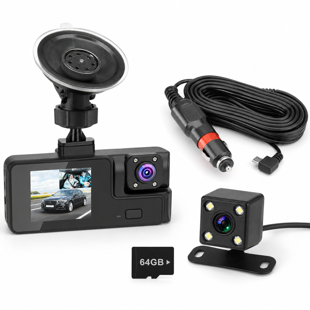 3-Channel Dash Cam | Front, Rear and Cabin, 64GB Card Included