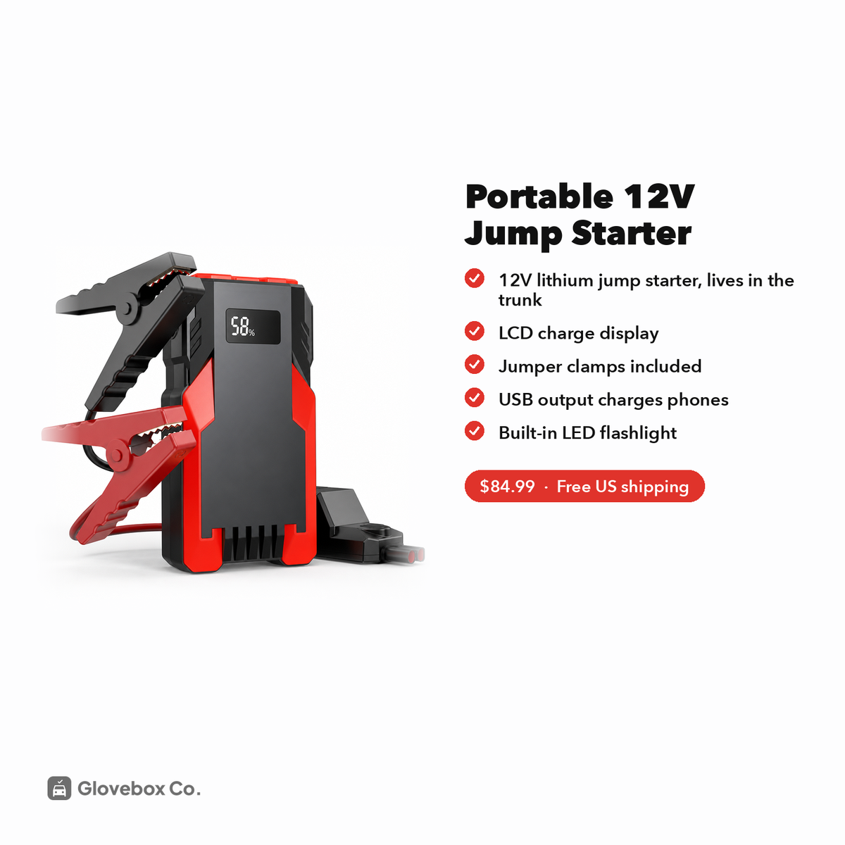 Portable 12V Jump Starter | Car Battery Booster with Flashlight