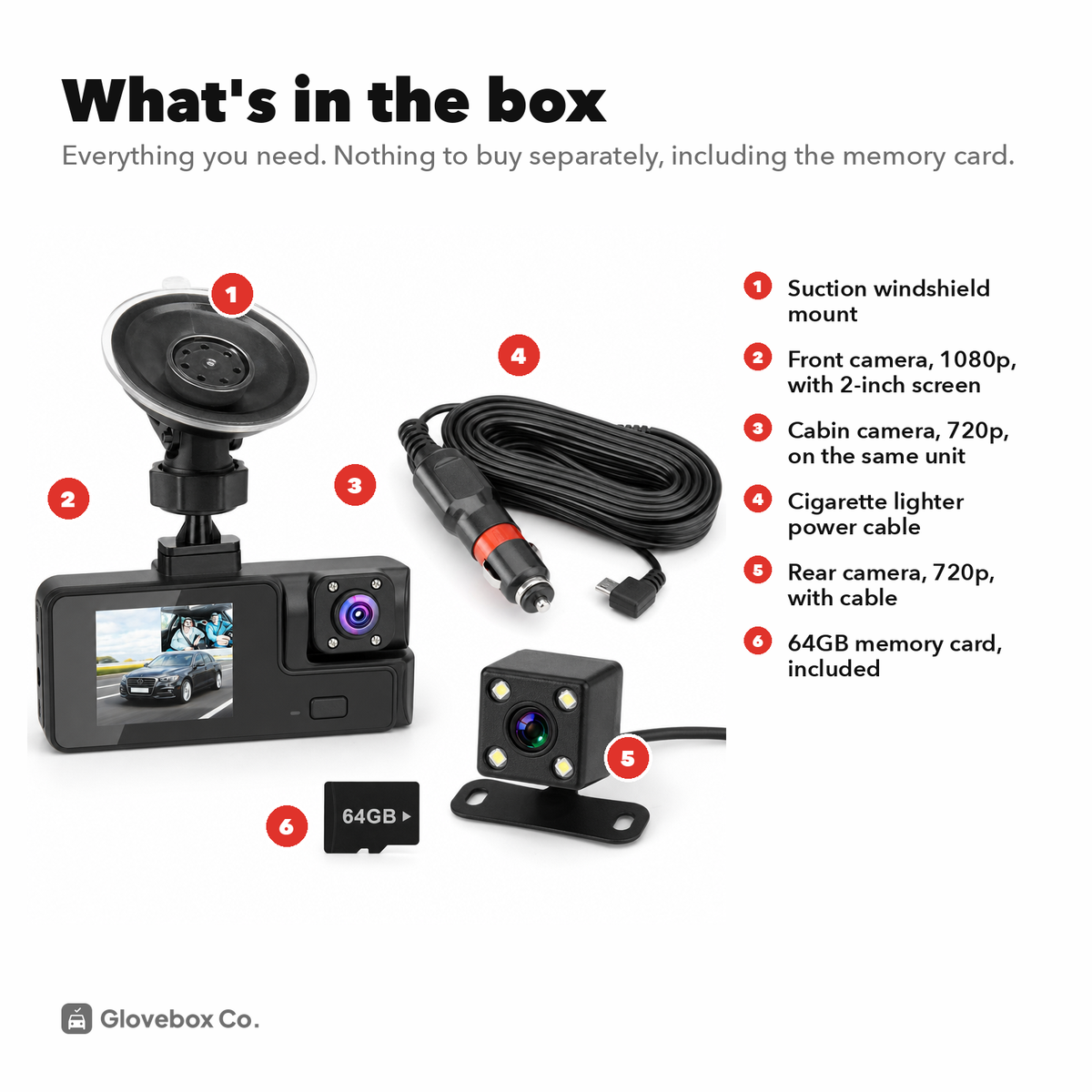 3-Channel Dash Cam | Front, Rear and Cabin, 64GB Card Included