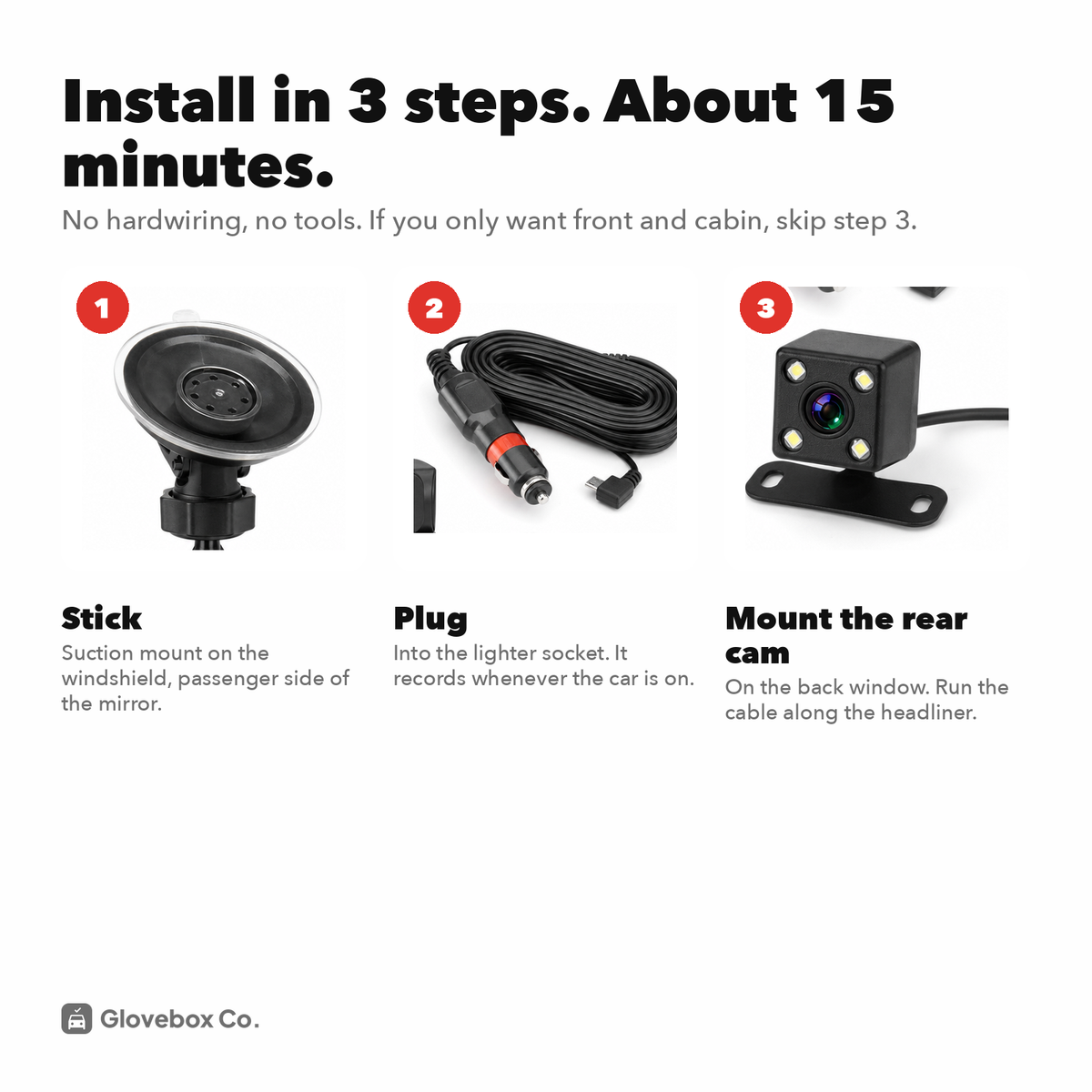 3-Channel Dash Cam | Front, Rear and Cabin, 64GB Card Included