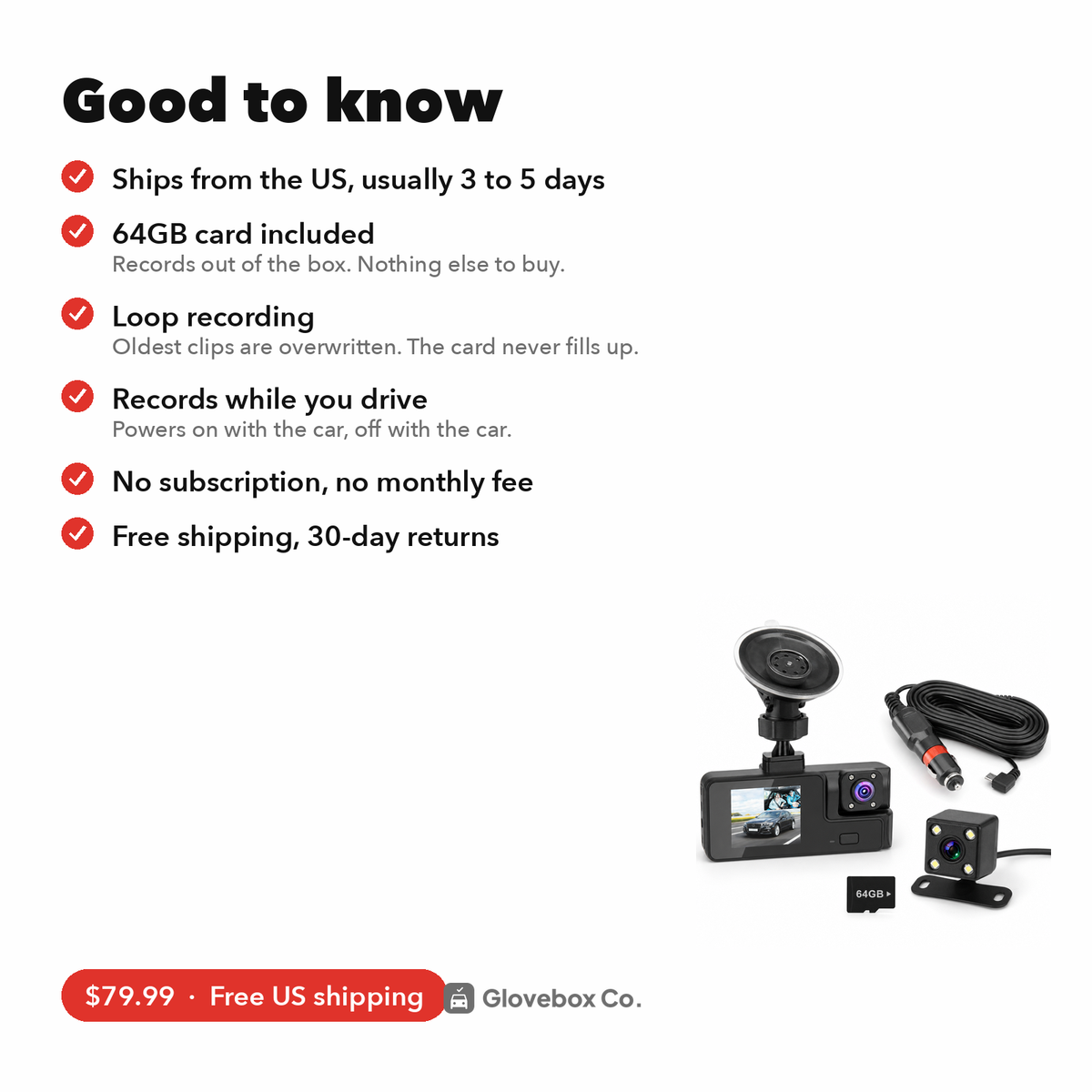 3-Channel Dash Cam | Front, Rear and Cabin, 64GB Card Included